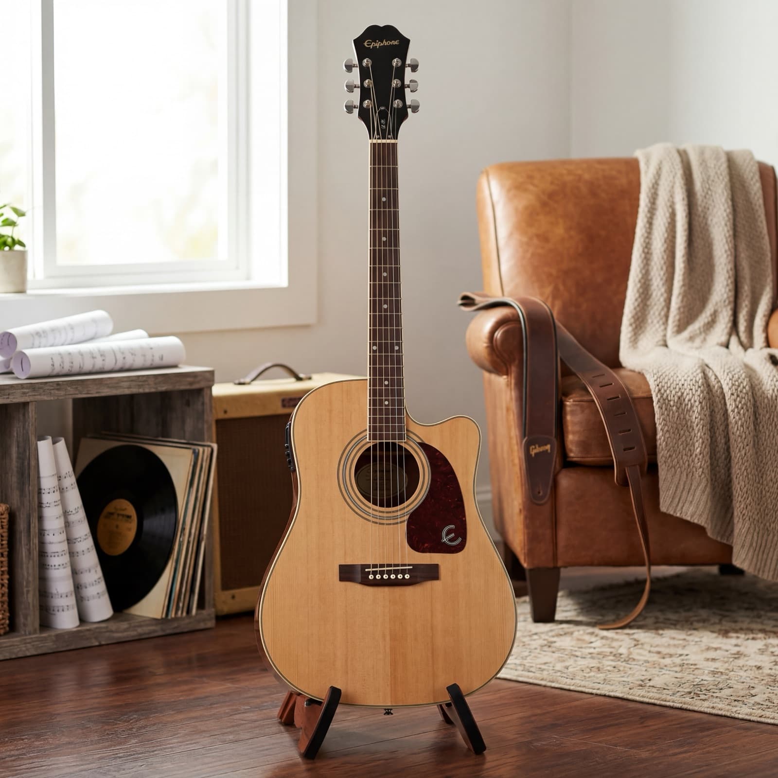 Acoustic guitar - AI-enhanced warm lifestyle background for an Etsy listing